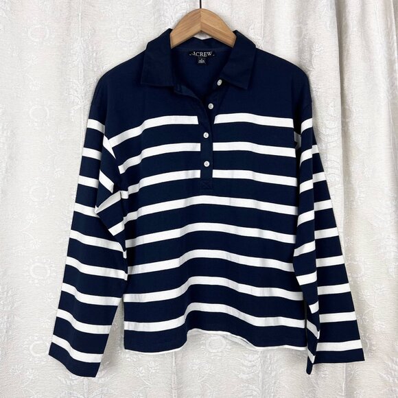 J. Crew Women Mariner Jersey Long Sleeve Polo in Stripe Top Navy blue nautical - Picture 2 of 8